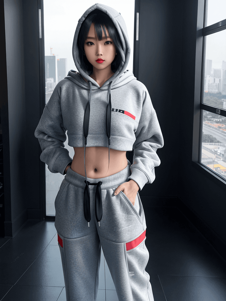 AI generated: 1 girl, beautiful Korean girl, (Cute Loose Bob hair), (wearing a cropped hoodie, capri sweatpants:1....