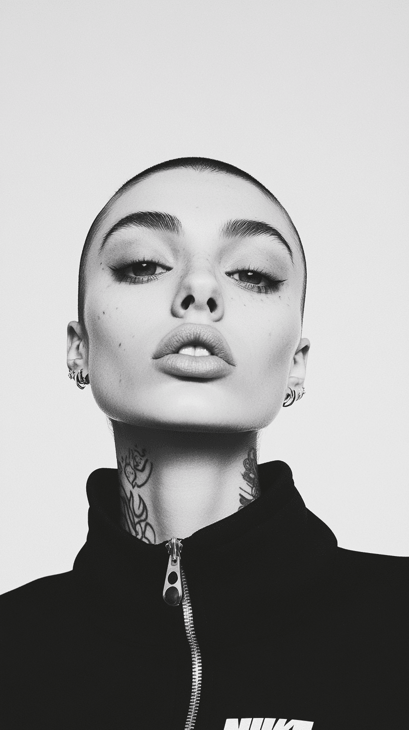 AI generated: Symetrical ultra Closeup of a dope faced tattoed model, dark mirror glazed Nike sport outfit, Minima...