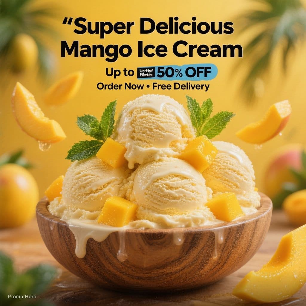 AI generated: Ultra realistic commercial food photography of a wooden bowl filled with creamy mango ice cream scoo...