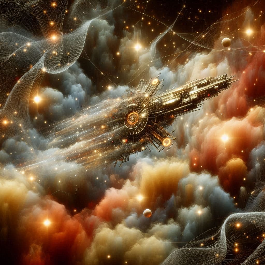 AI generated: The mysterious spacecraft is an assembly of bronze colored bionic shapes. The background is a fuzzy ...