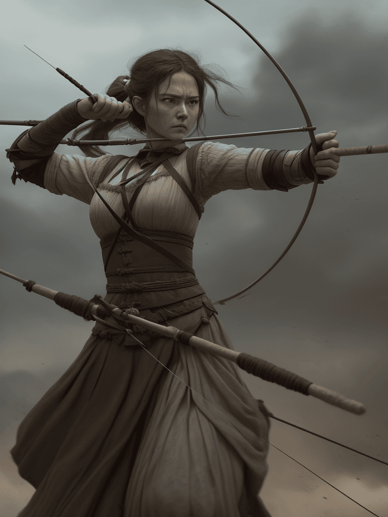 AI generated: women archers with bows, in the style of historical reimagining, cinematic montages, dark & explosiv...