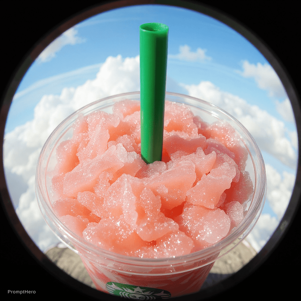 AI generated: {
  "prompt": "View from inside a Starbucks strawberry frappuccino cup looking up, fisheye lens extr...