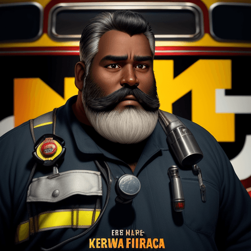 AI generated: Promotional poster  PIXAR style of a 50-year-old dark-skinned firefighter with a beard, good-looking...