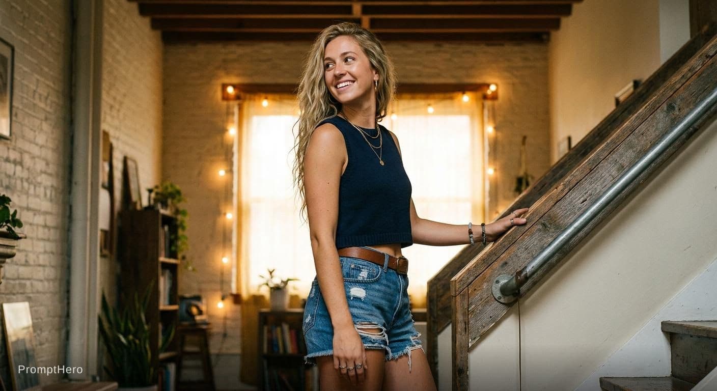AI generated: A woman with long wavy blonde hair, wearing a dark blue sleeveless crop top and distressed denim sho...
