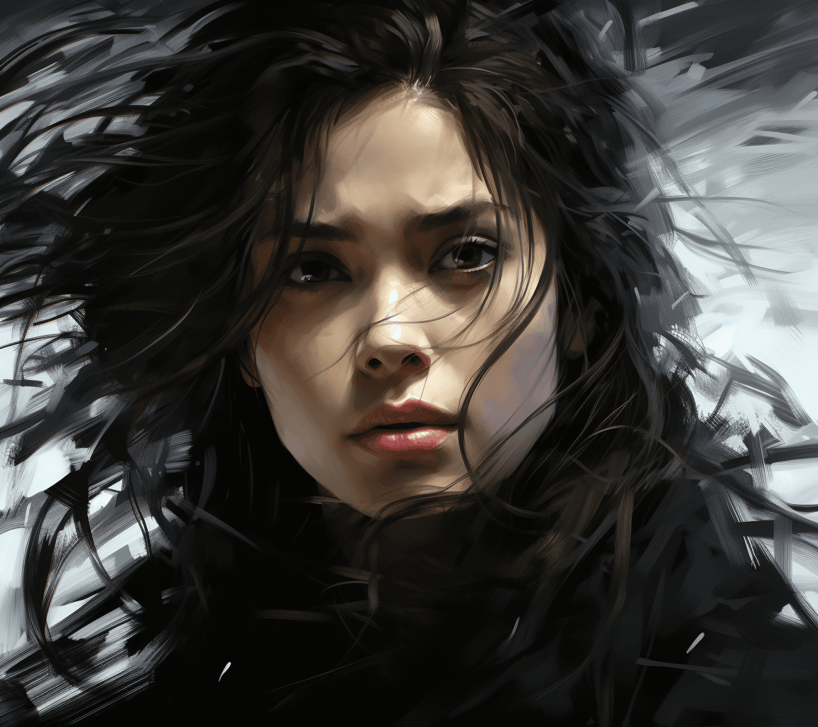 AI generated: the woman in black and white with long hair, in the style of realistic marine paintings, datamosh, e...