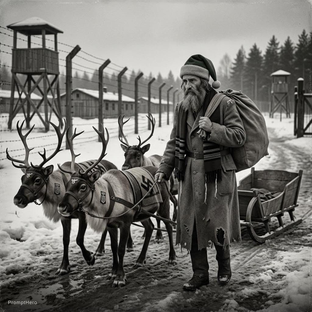 AI generated: papa noel judío saliendo en un campo de concentración , los renos son nazis