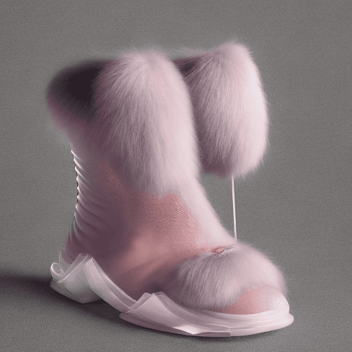 AI generated: Fashion shoot, Jacquemus and moncler collaboration: light pink translucent fur sneakers, hyper-reali...