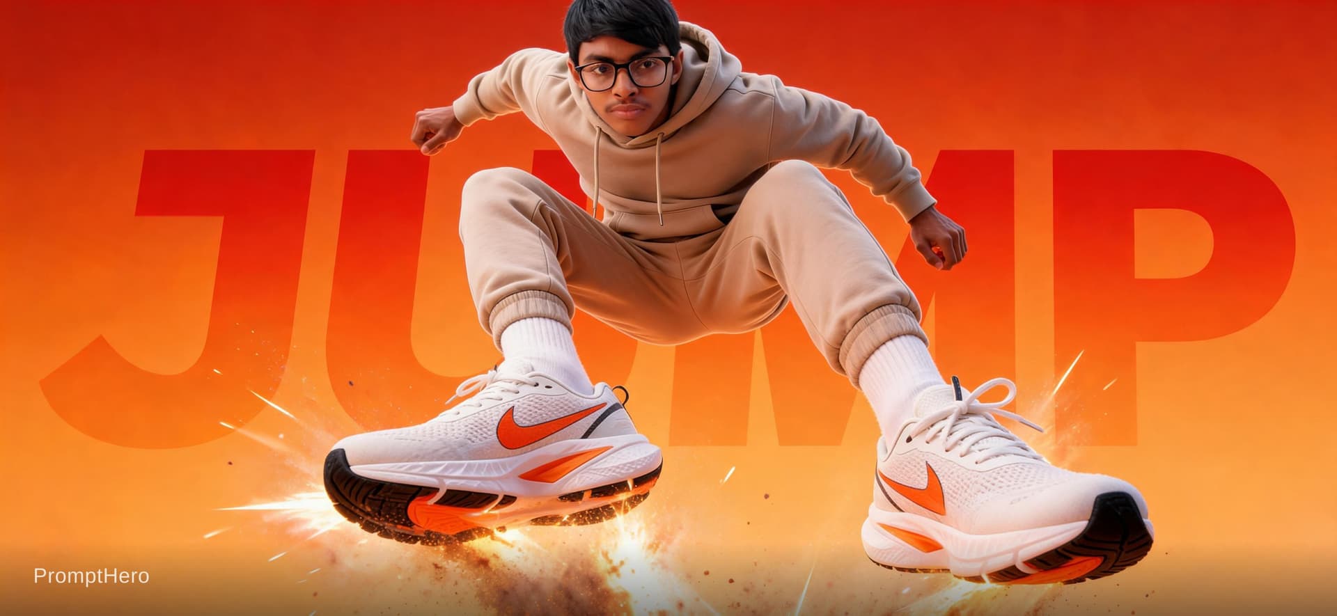 AI generated: A dynamic sportswear advertisement featuring a young athletic male model captured mid-air in an expl...