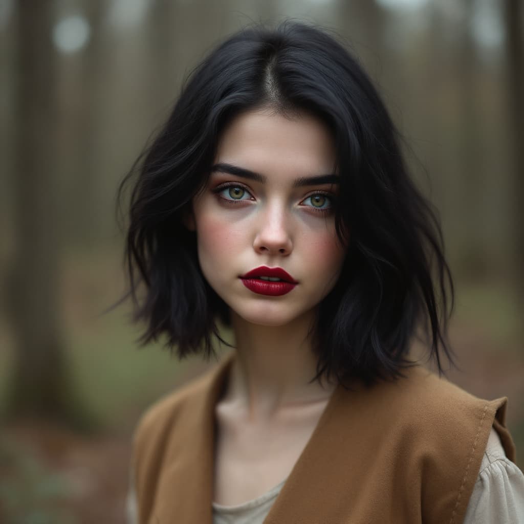 AI generated: 20 year old black haired girl, shoulder length black hair, stunning green eyes. wearing vest and sta...