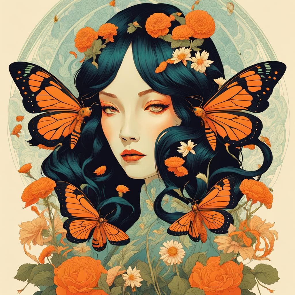 AI generated: beautiful cute full portrait of Giant Moths flying around a woman, big long curly hair, herbs pastel...