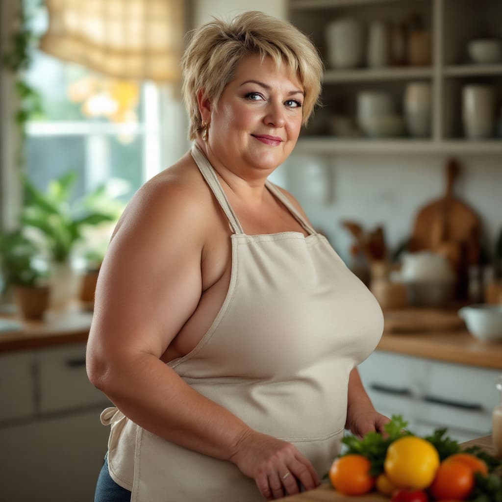 AI generated:  60 years old mature woman, chubby body, blonde pixie hair, wearing only apron  in the kitchen, side...