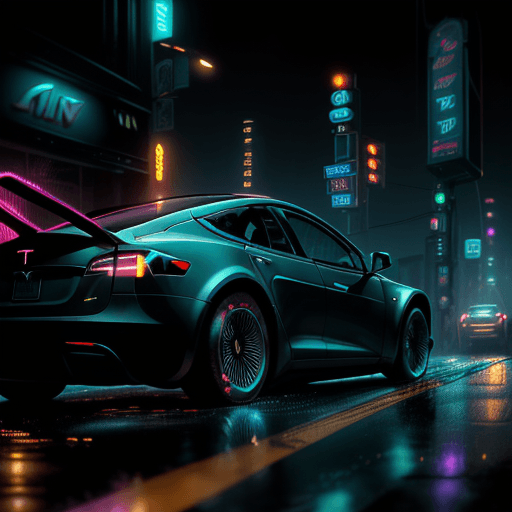 AI generated: a 2 8 mm closeup photo of a tesla tron neon back to the future car driving a on wet city street with...