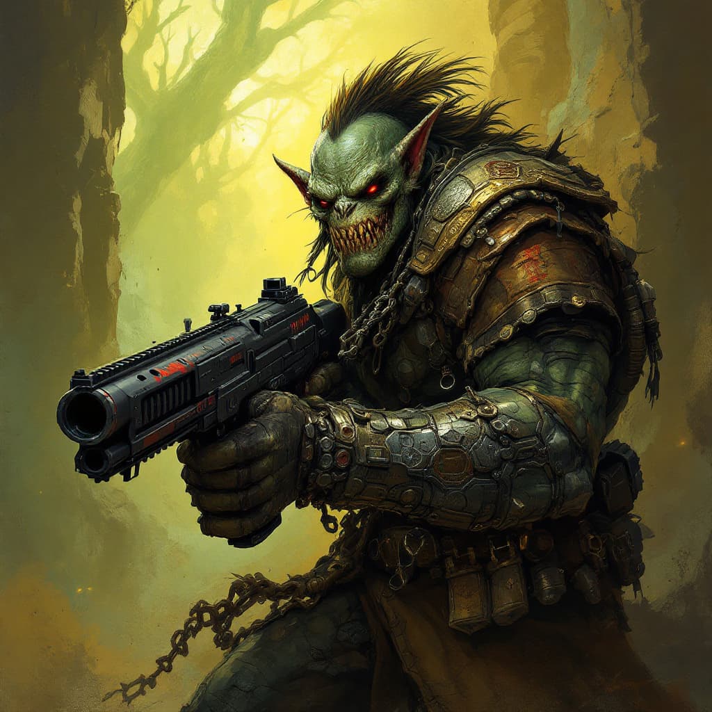 AI generated: shadowrun artwork of a orc with mashine gun
