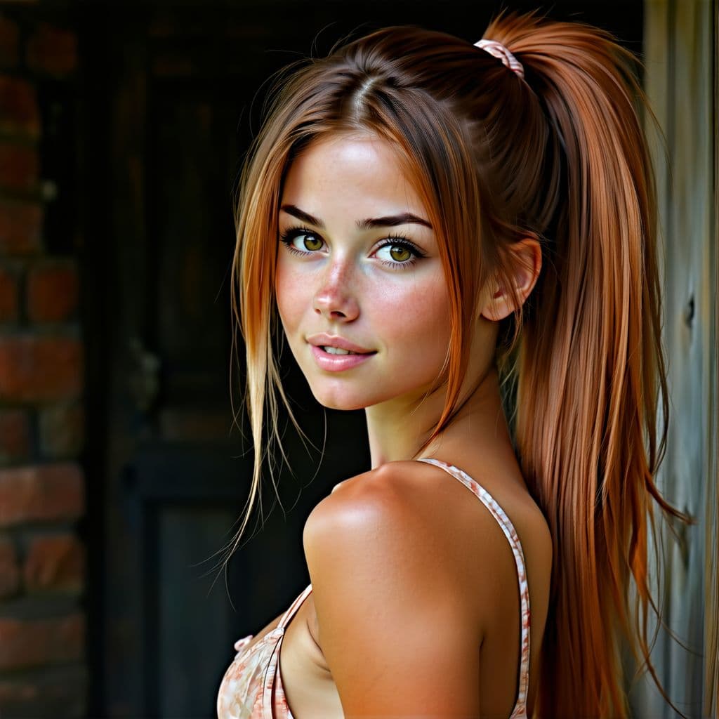AI generated: Pretty Girl with thick long ponytail dark orange hair large breasts thin waist abs in a micro bikini...