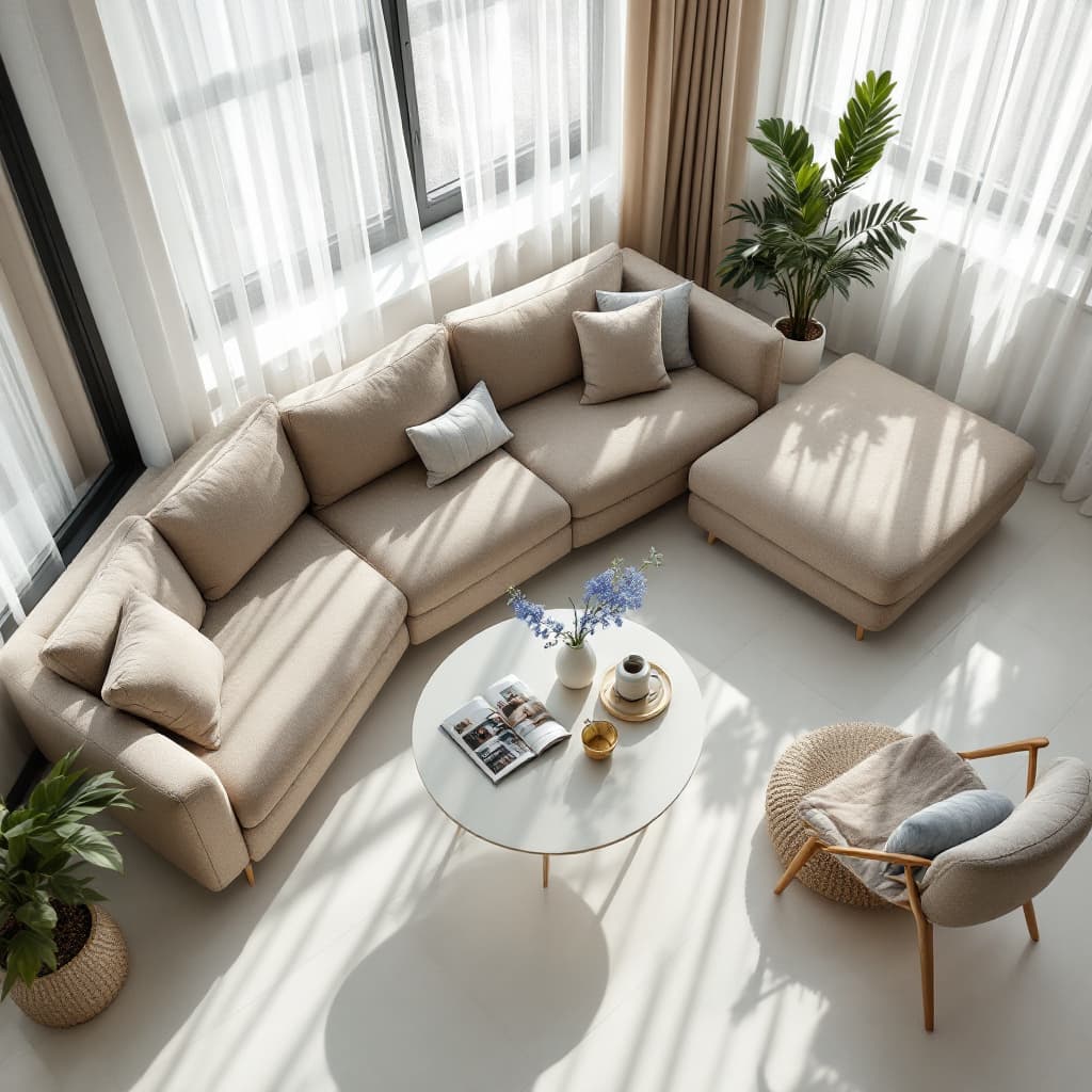 AI generated: photography, aerial shot, apartment living room, color limited to beige, minimalist beige fabric sof...