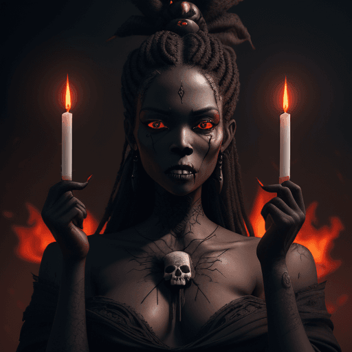 AI generated: a beautiful ebony voodoopriestes, holding a burning black candle in the shape of a skull, the flame ...