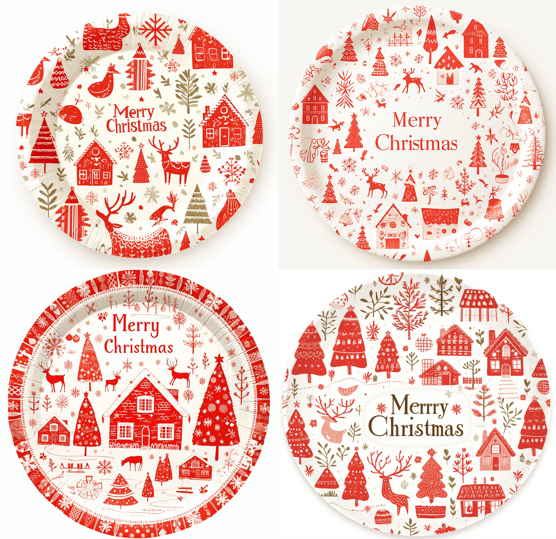 AI generated: Oval paper plates with a white Christmas pattern featuring red and white colors, snowflakes, reindee...
