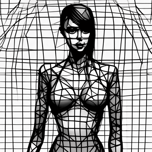AI generated: Polygons, wireframe, line art, beautiful woman, skinny, small boobs