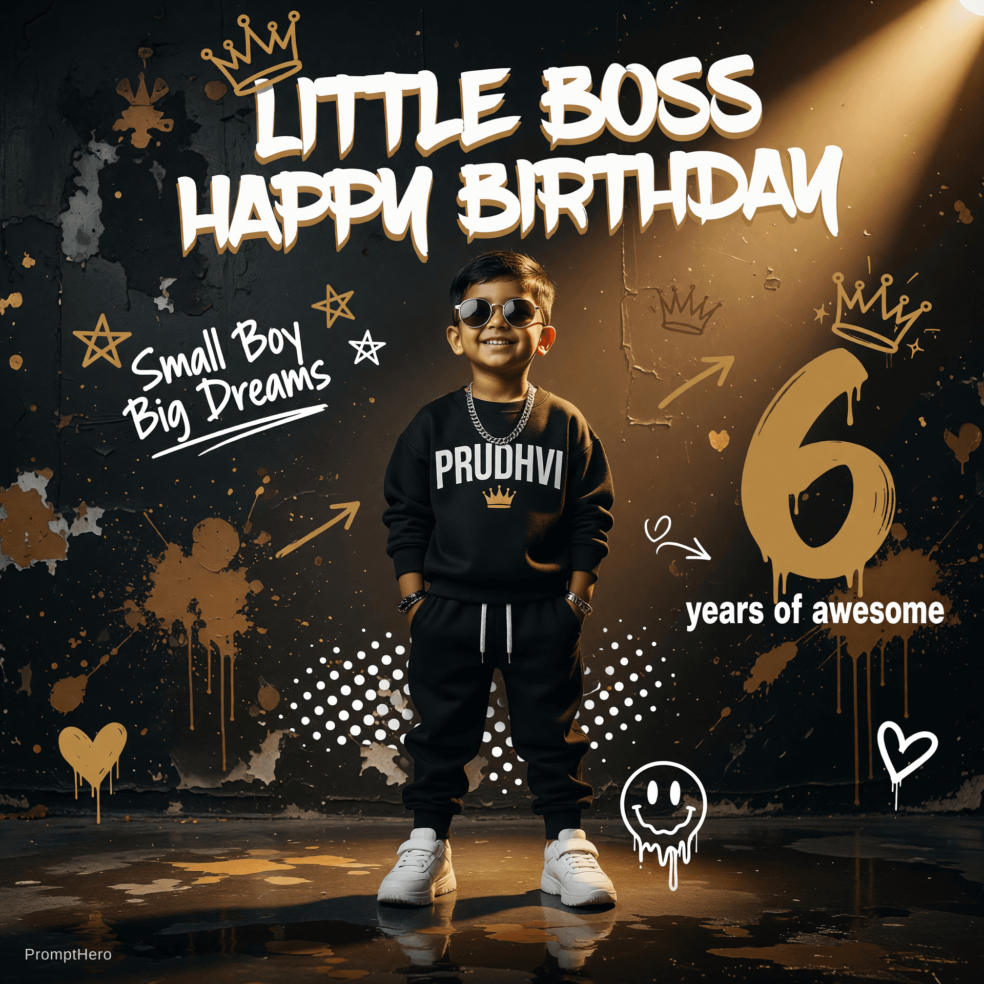 AI generated: Cinematic birthday poster of a cute little Indian toddler boy, 5 years old, confident smiling expres...