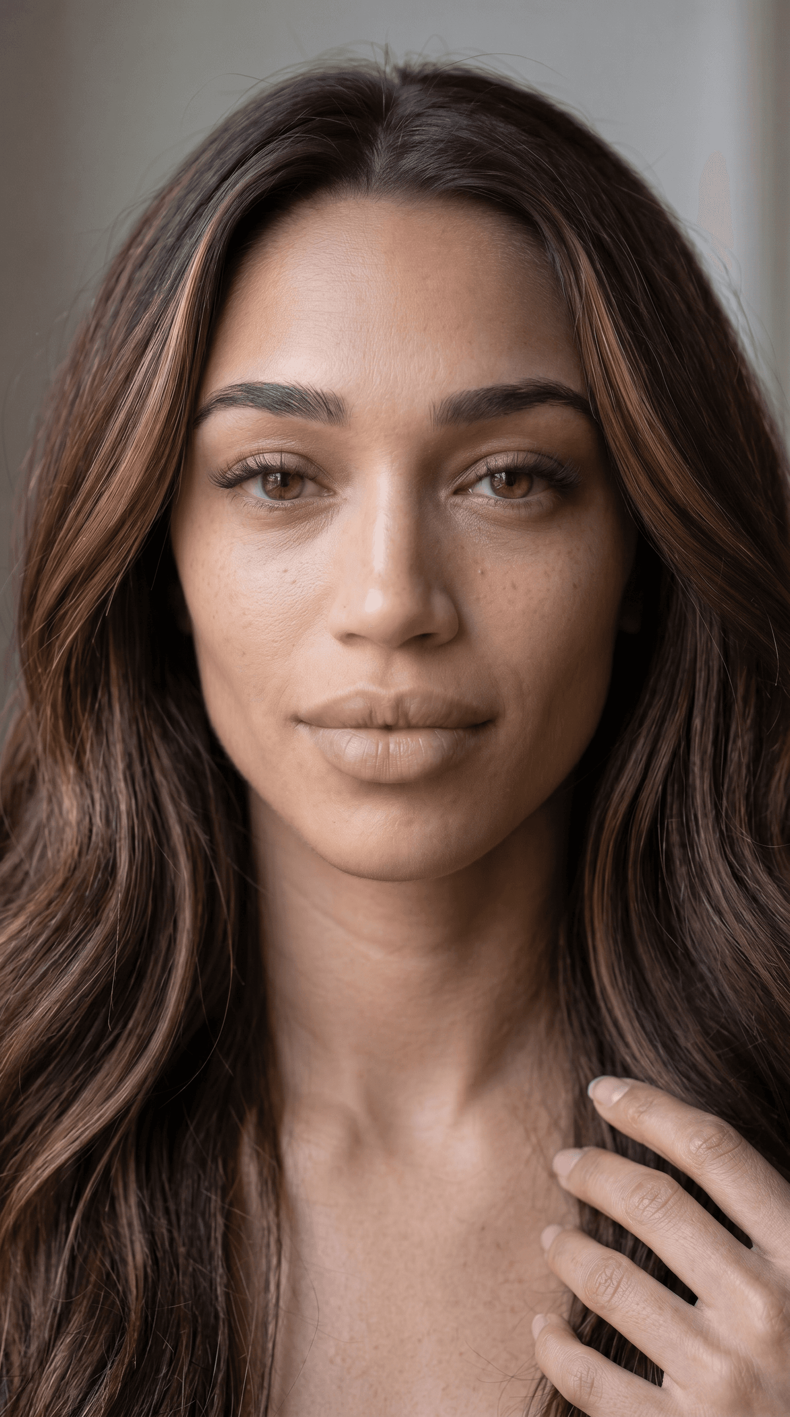 AI generated: micro-texture detail visible on forehead chin and upper lip area, natural skin redness variation aro...