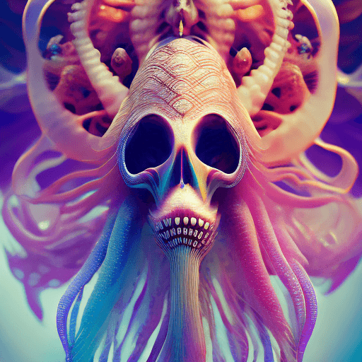 AI generated: Goddess close-up portrait ribcagel. jellyfish phoenix head, nautilus, orchid, skull, betta fish, bio...