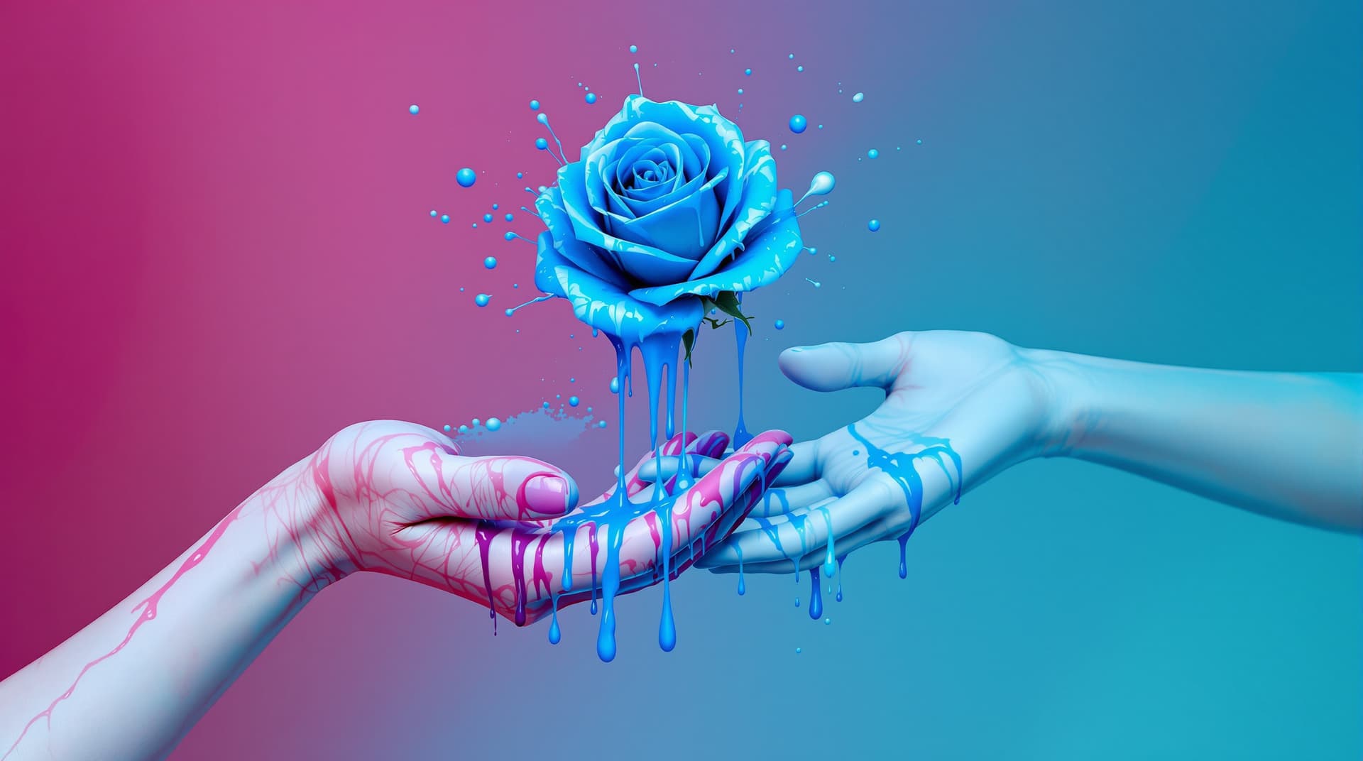 AI generated:  random pose,  two hands hyper realistic with asiatic tatoo skin, giving   a  wkite and blue rose ,t...