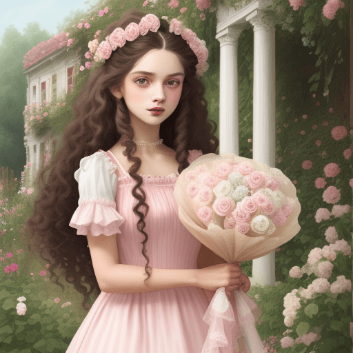 AI generated: girl with long hair with rizps and brown with curly fringe holding a bouquet of pink and white roses...