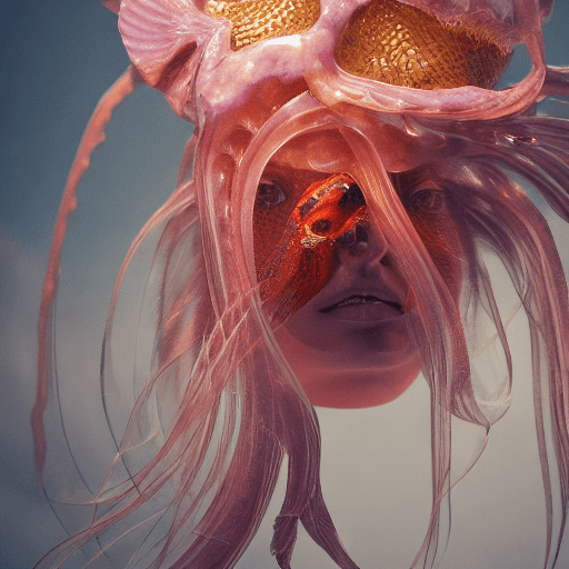 AI generated: Goddess close-up portrait ribcagel. jellyfish phoenix head, nautilus, orchid, skull, betta fish, bio...