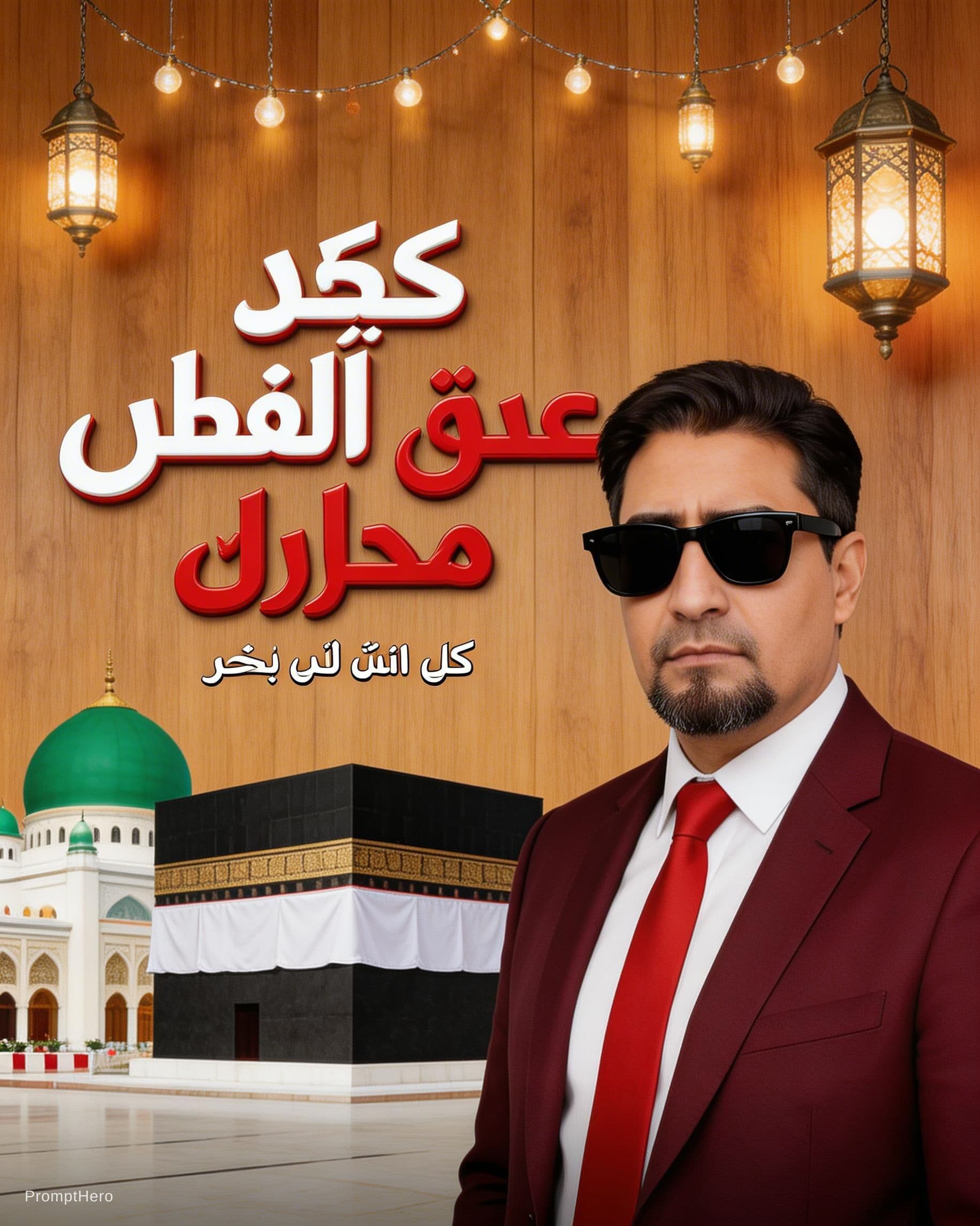 AI generated: A professional Eid-al-Fitr greeting wooden style poster featuring a man on the right side with short...
