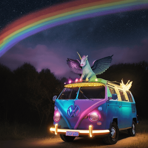AI generated: rainbow VW bus with unicorn wings in front of campfire under stars