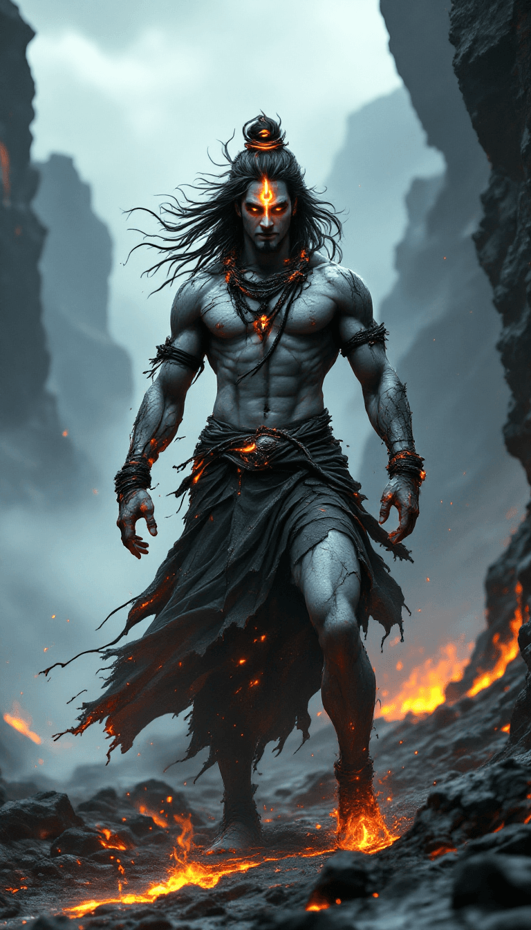 AI generated: A divine and ethereal depiction of Lord Shiva, standing fiercely in a desolate volcanic landscape, s...