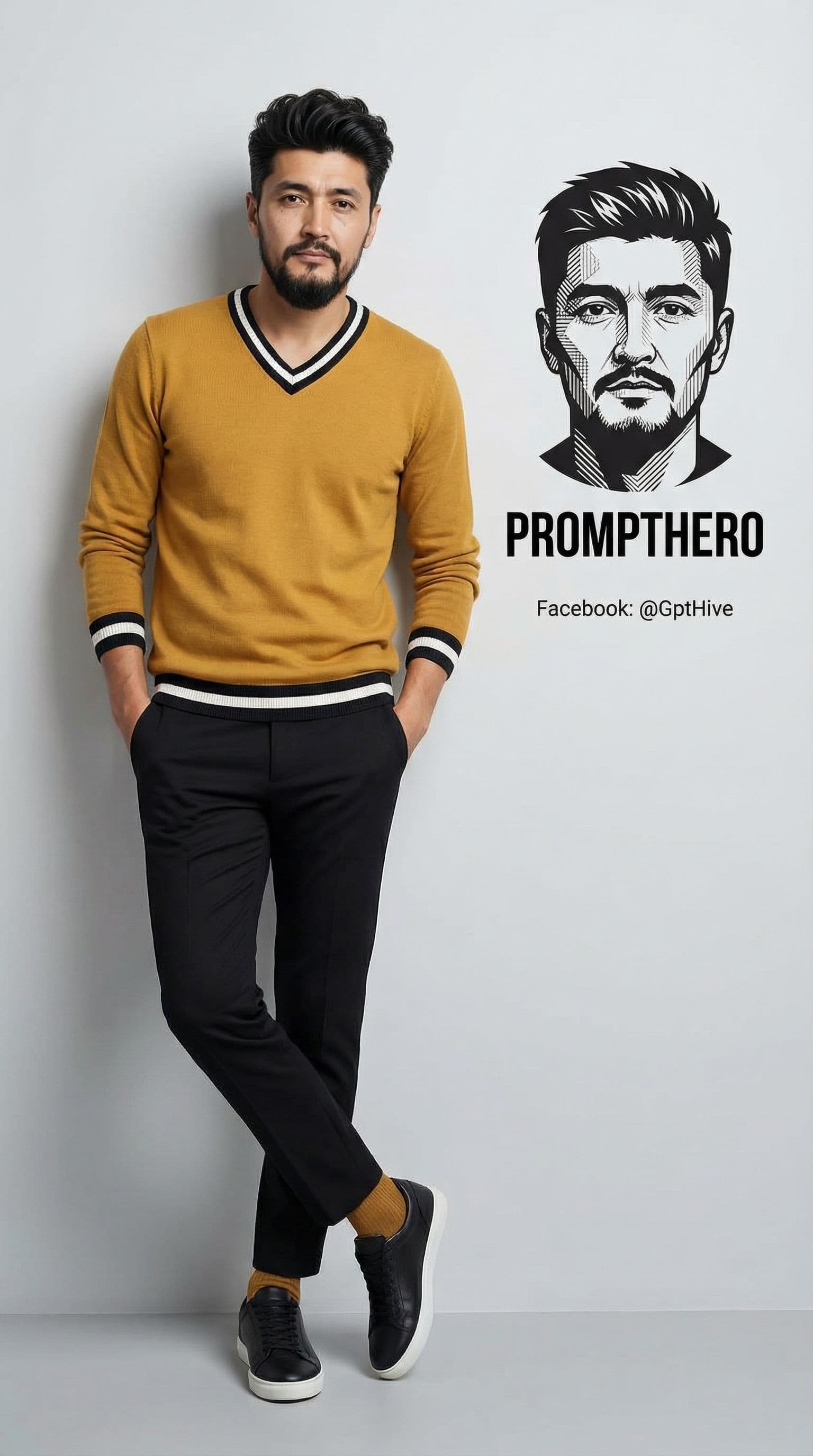 AI generated: "Ultra-realistic 8K full-body portrait of a stylish young man leaning casually against a clean light...