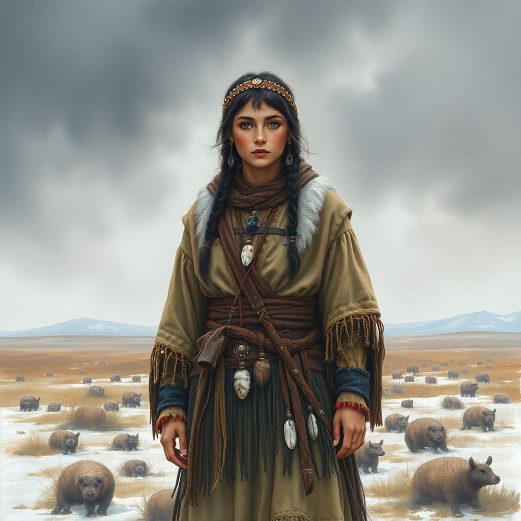 AI generated: Full body Illustration of an inuit woman, young, 18 years old, beautiful, native american phenotype,...