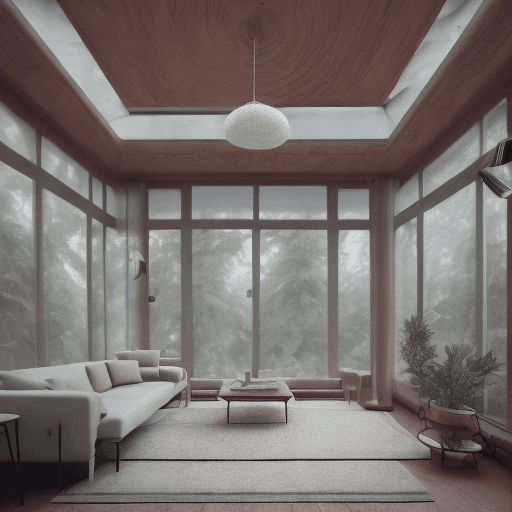 AI generated: High resolution photography interior design, dreamy sunken living room conversation pit, wooden floo...