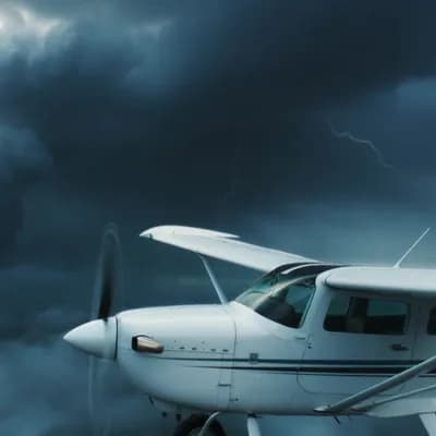 AI generated video: Lightning bolts and thunder with blowing wind and rain.  A Single engine Cessna flying from right to...