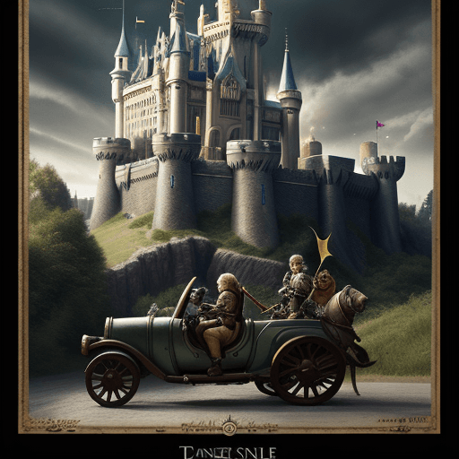 AI generated: poster with knight, prince, robin hood, Cinderella, and dwarfs driving cars, in the background a cas...