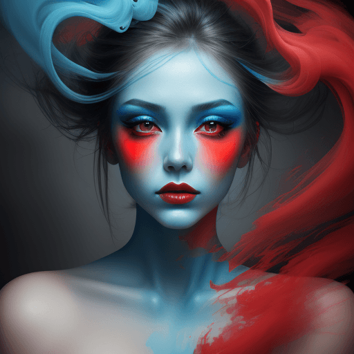 AI generated: portrait of a woman covered in cloud of smoke, whirlwind, blue highlight colors, red make-up, hints ...