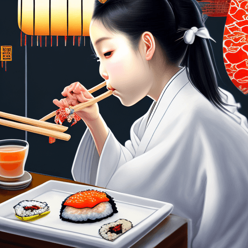 AI generated: Highest quality, perfect masterpiece, perfect art, 8K, (young girl, eating sushi in a restaurant, ur...