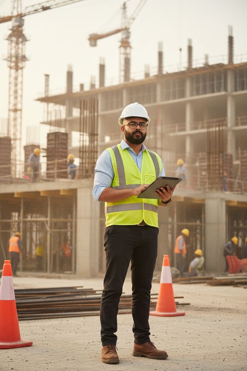AI generated: A professional site engineer is standing at an active construction site during a routine site visit....