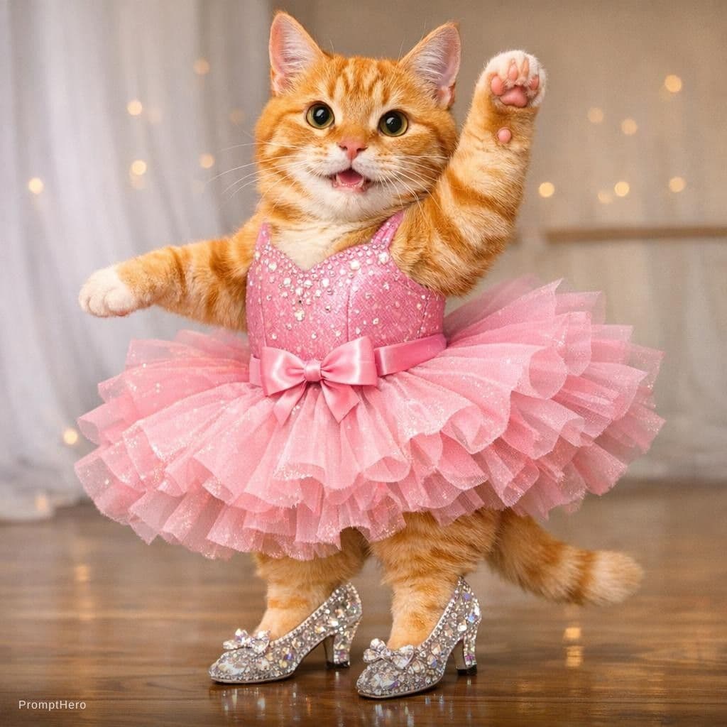 AI generated: A orange cat with a pink dancing dress and crystal shoes