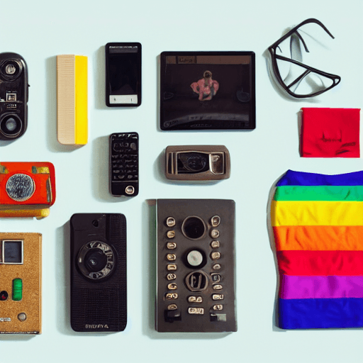 AI generated: a flatlay of objects, including a mobile phone, laptop, ipad, photo camera, walkman, radio cassette,...