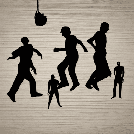 AI generated: Group silhouette of men who jump, woodcut print on white paper