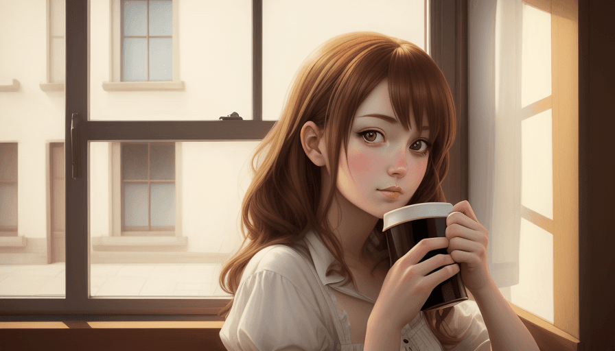 AI generated: Girl with coffee by window, in the style of charming anime characters, realistic portrait, photoreal...