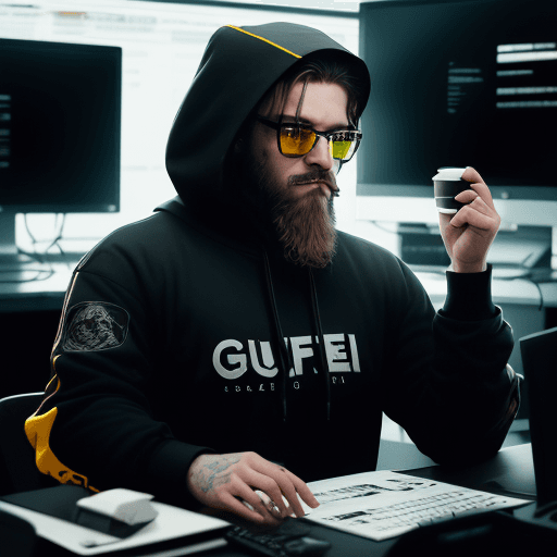 AI generated: hacker, darkroom, coder, computer, man, medium beard, cool, grunge, (typing), ultra detailed and det...
