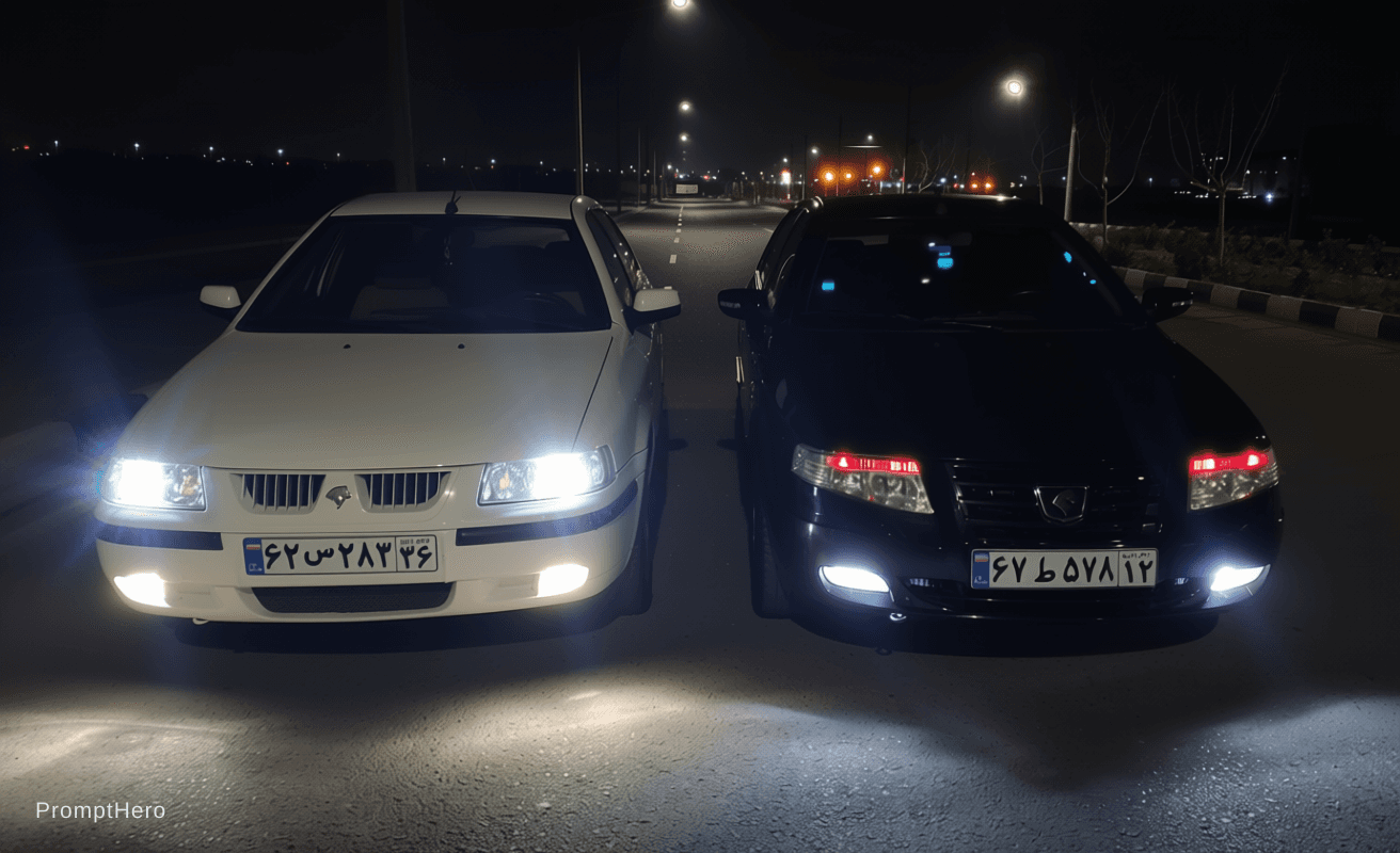 AI generated: Ultra cinematic luxury night car photography, two sedans parked side by side on an empty urban stree...