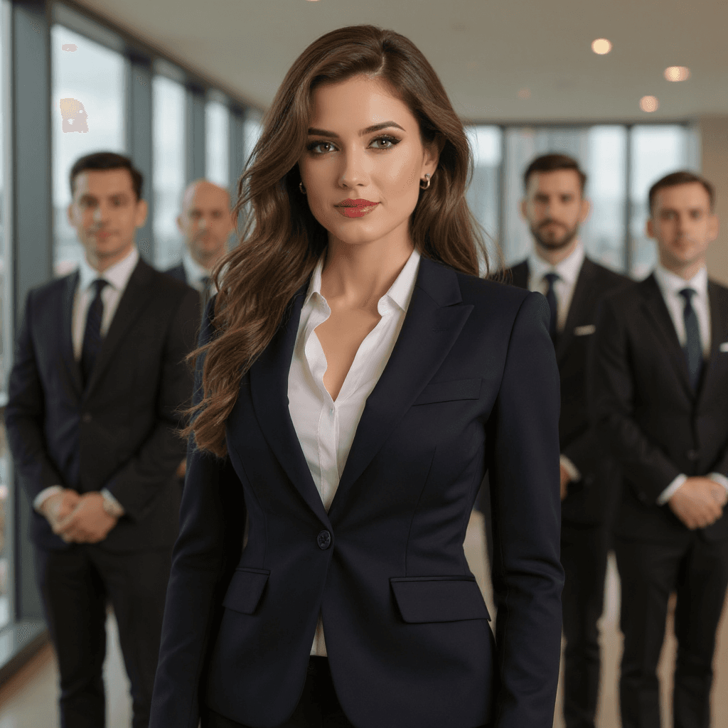 AI generated: A beautiful, confident woman with an hourglass figure, wearing only a little makeup, in a sharp, tai...