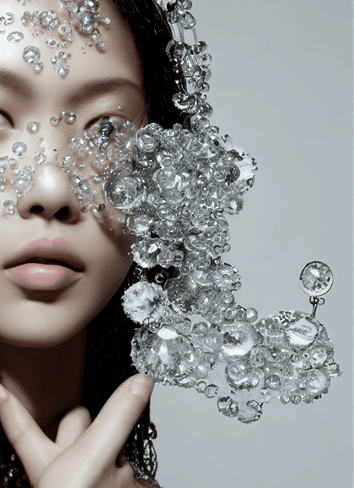 AI generated: Fashion photography jewelry,  style Alexander Mcqueen model, she is wearing same earrings made of dr...