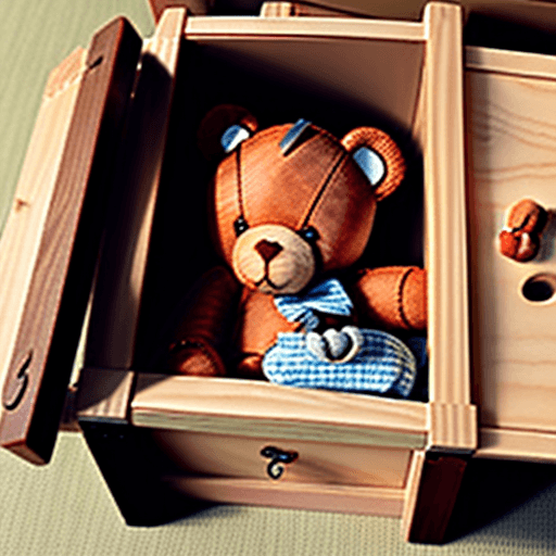 AI generated: view from above of a wooden toy box with one small sad teddy bear inside