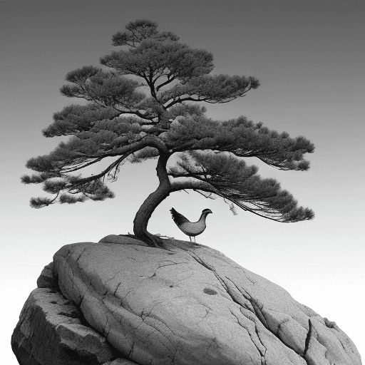 AI generated: A pine tree with drooping branches on a large rock and a pheasant on top of it
in black and white