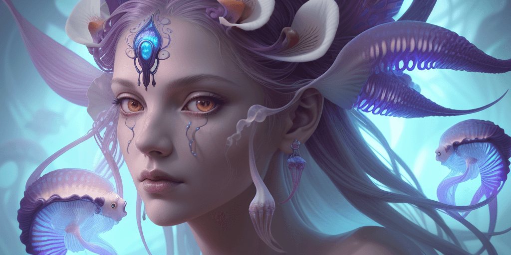 AI generated: Goddess close-up portrait ribcagel. jellyfish phoenix head, nautilus, orchid, skull, betta fish, bio...